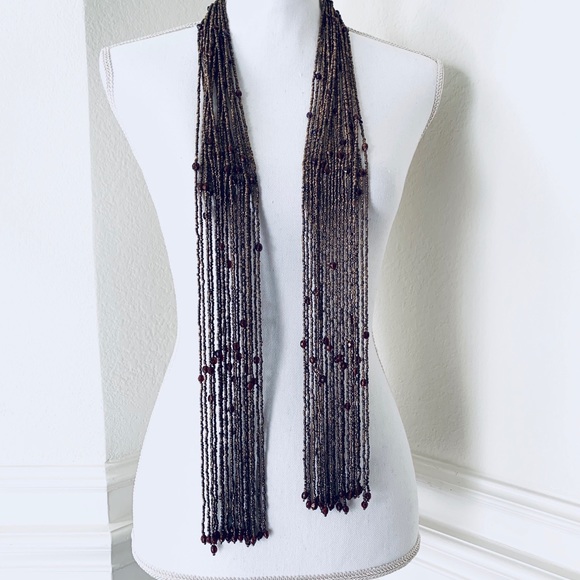 BROWN PASHMINA TASSEL STATEMENT NECKLACE - Picture 1 of 10